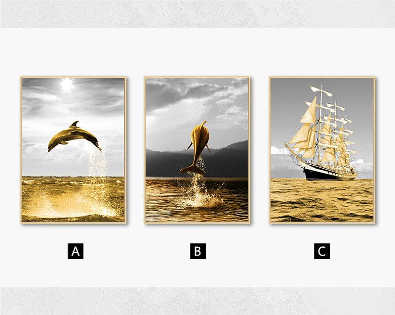 Exquisite Golden Ocean Landscape Multi-Panel Canvas Art - Dolphin and Sailboat Posters for Modern Home Decor