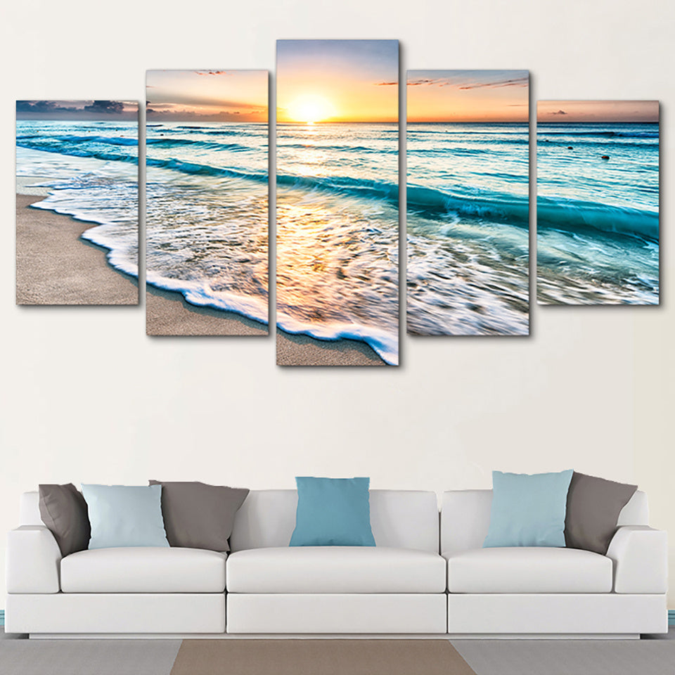 Transform Your Space with Stunning Sunset Beach Waves 5 Panel Wall Art HD