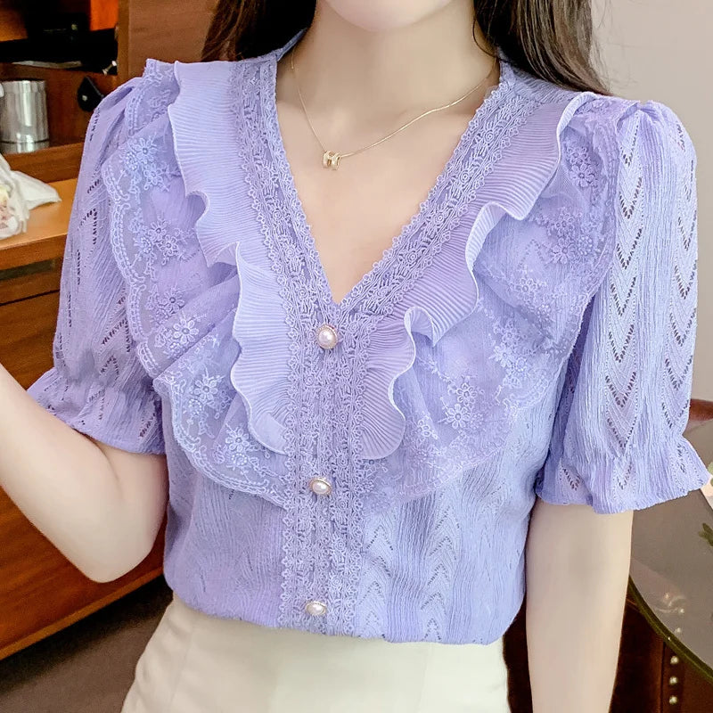 Lace Vneck Ruffle Shirt for Women in Summer New French Sweet Temperament Shortsleeved Shirt