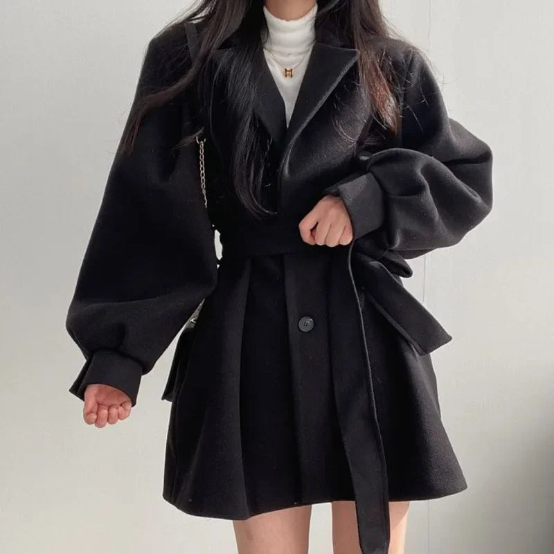 Retro Hong Kong Style Autumn Winter Thick Woolen Coat Belted Waist Lantern Sleeve Tie Design Women's Fashion Outerwear