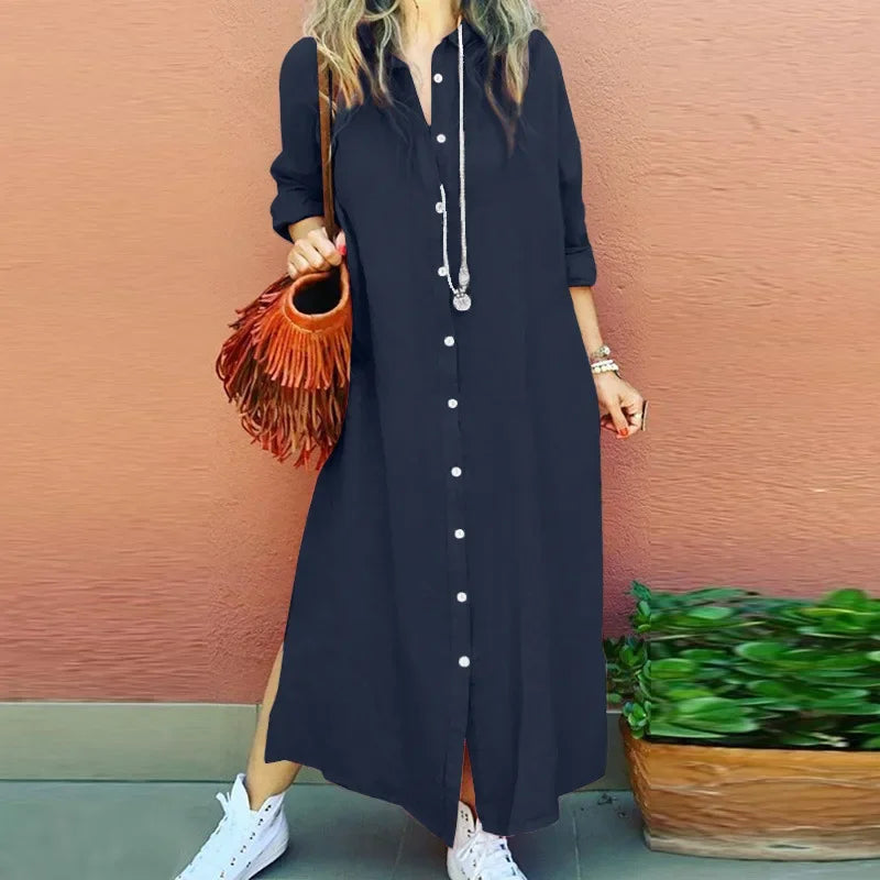 Spring Autumn New Style Women's Cotton Linen Open Cardigan Shirt Dress Long Sleeve Turn-down Collar Loose Casual Elegant Pure Co