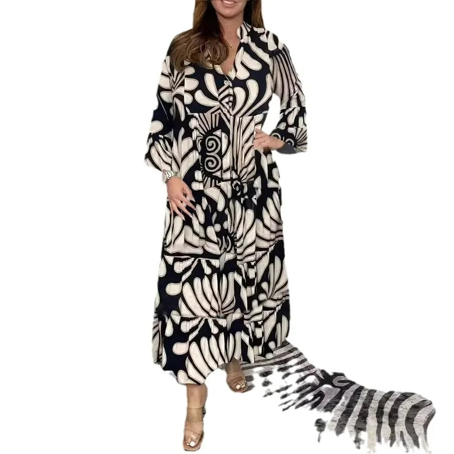 Spring Summer Hot Sale Of The Season Casual Ladies Print Loose Fit V-neck Knee-length Dress Wide Sleeve Women's Fashion Cross-bo