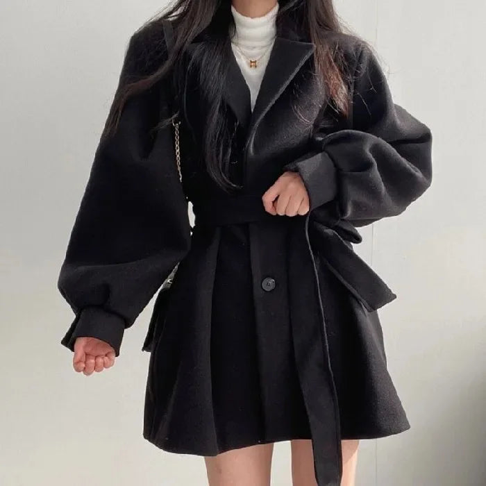 Retro Hong Kong Style Autumn Winter Thick Woolen Coat Belted Waist Lantern Sleeve Tie Design Women's Fashion Outerwear
