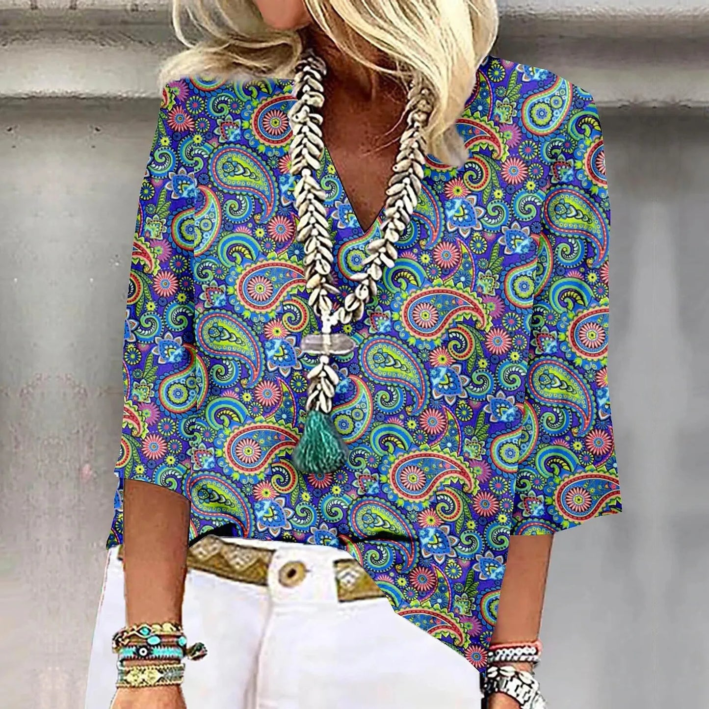 Women's Shirt Blouse Loose Shirts 3/4 Sleeve Print V Neck Tops Print Tops T-shirts Tee Tops for Women Womens Tops and Blouses