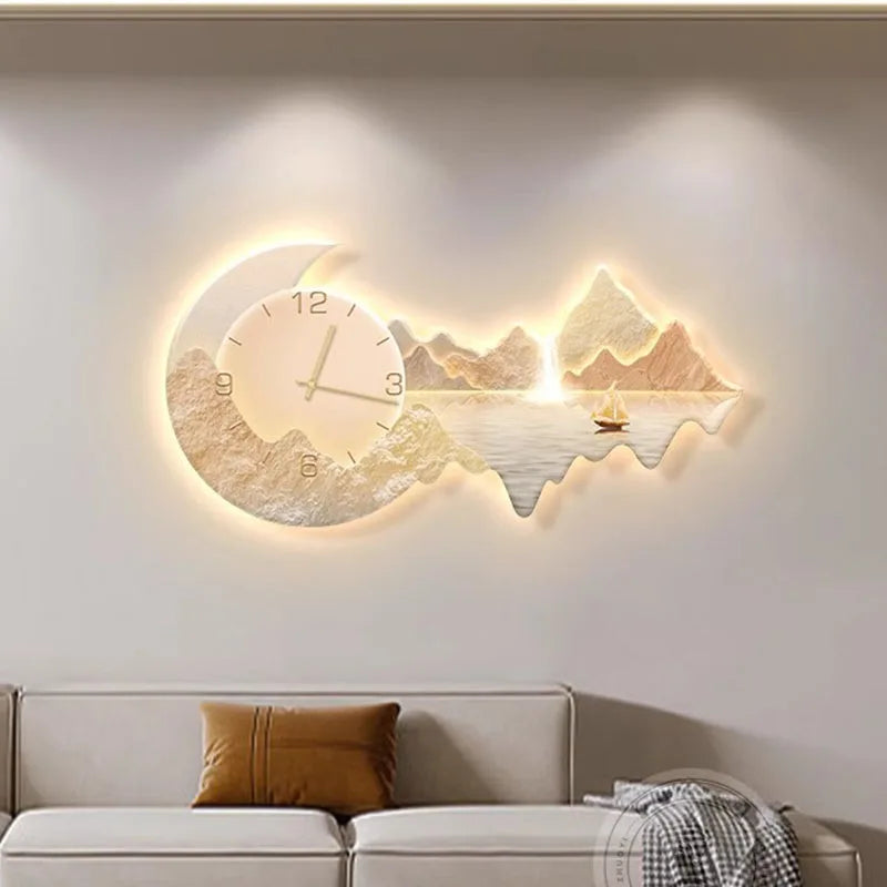 Luxury Modern Wall Clock with Moonlit Landscape - Stunning Multi-Panel Wall Art