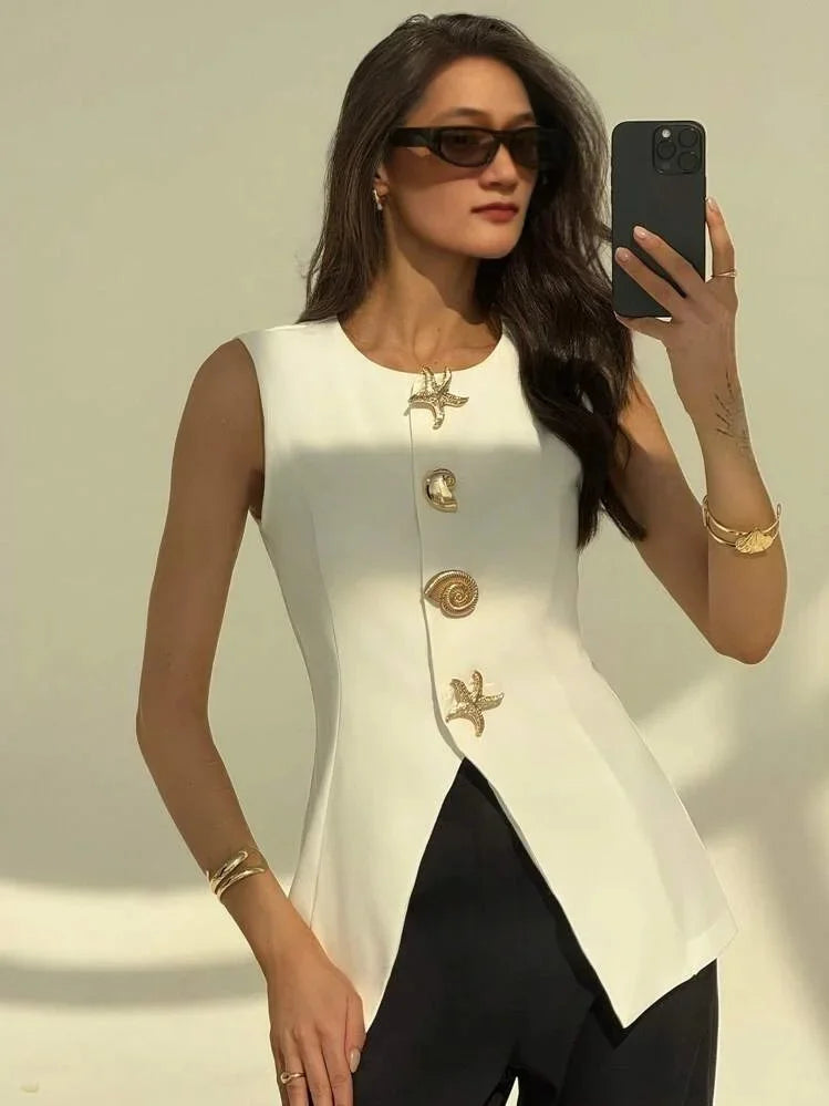 Loose Artistic Women's Vest New Style British Style V-Neck Versatile Waist-Cinching Top Polyester Fiber Outerwear