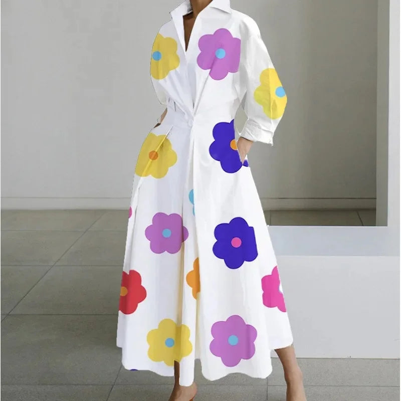 Fashionable Large Size Polo Collar Nine Sleeve Loose A- Line Dress Commute Elegant Swing Skirt Chinese Style Women's Dress