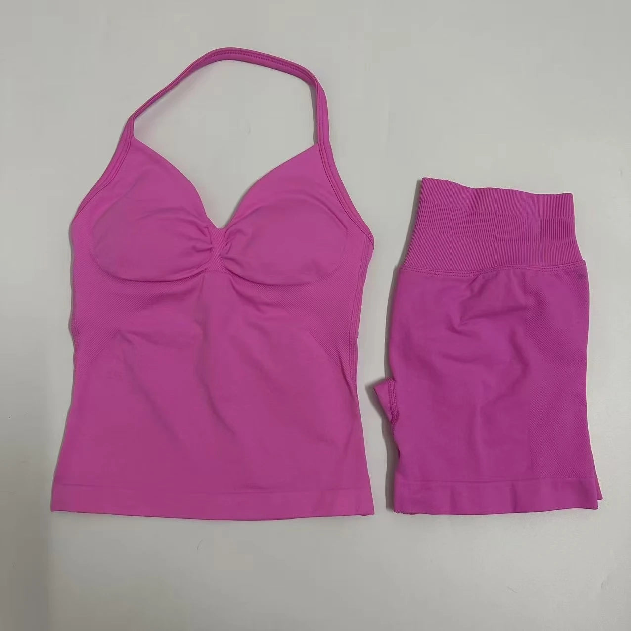 2 Pieces Women Yoga Set Seamless Yoga Longline Strappy Tank Top Scrunch Sports Shorts Gym Clothes Woman Summer Workout Outfit