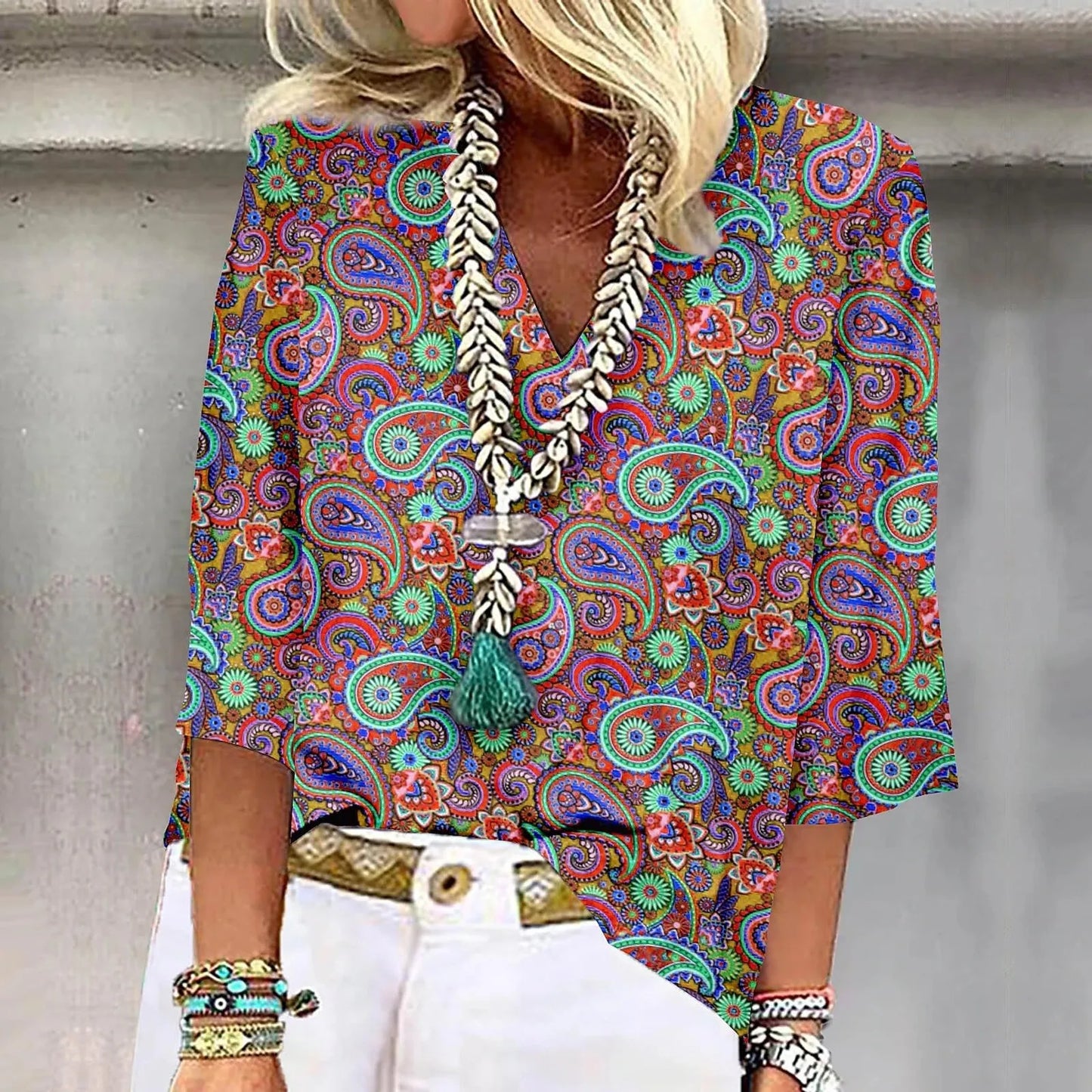 Women's Shirt Blouse Loose Shirts 3/4 Sleeve Print V Neck Tops Print Tops T-shirts Tee Tops for Women Womens Tops and Blouses