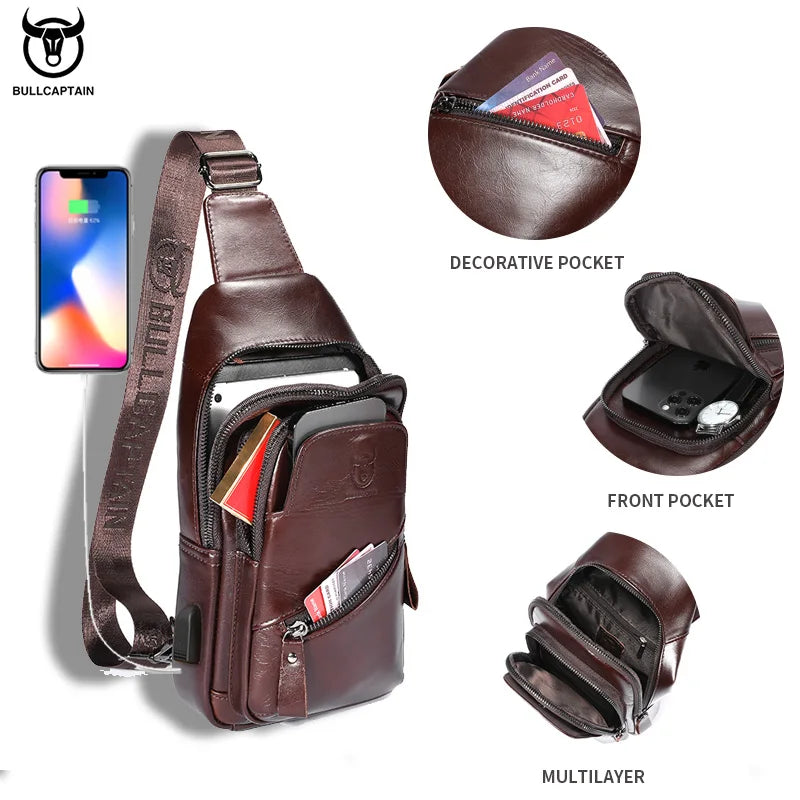 BULLCAPTAIN The Latest Men's Leather Chest Bag Large Capacity Casual Men's Messenger Bag Classic Leather Chest Bag XB 127