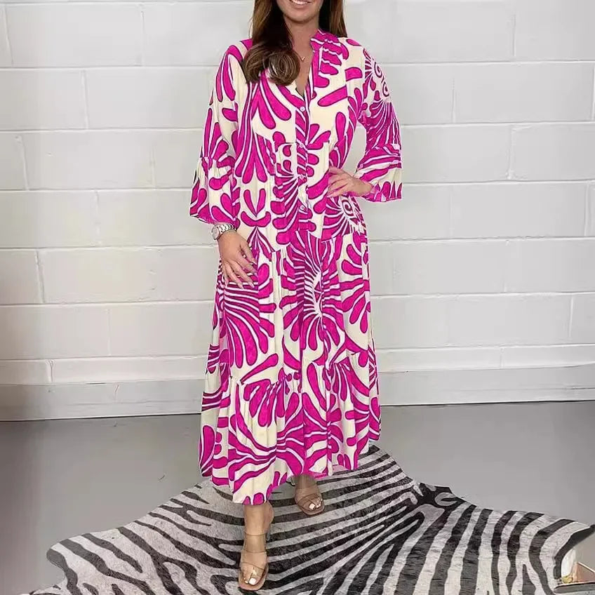 Spring Summer Hot Sale Of The Season Casual Ladies Print Loose Fit V-neck Knee-length Dress Wide Sleeve Women's Fashion Cross-bo