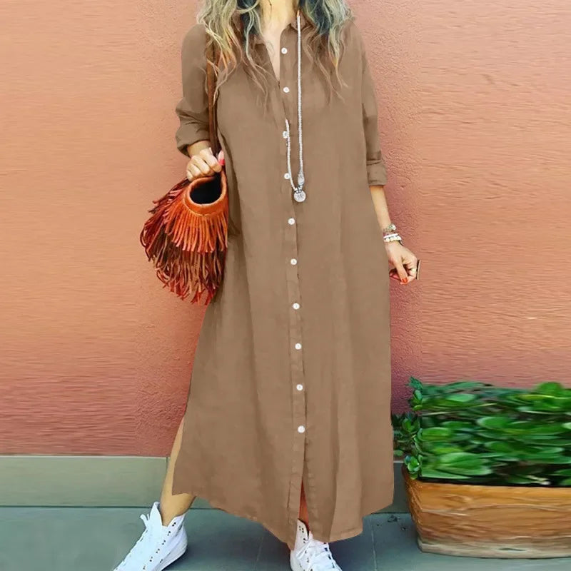 Spring Autumn New Style Women's Cotton Linen Open Cardigan Shirt Dress Long Sleeve Turn-down Collar Loose Casual Elegant Pure Co