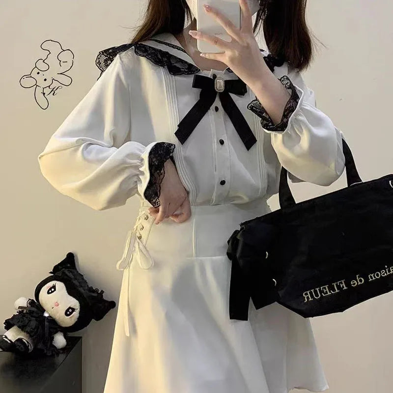 Kawaii Women Shirts Lolita Y2K Cute Japanese Style Blouse Elegant Long Sleeve Sweet Lace Off-Shoulder Aesthetic Shirt Tops