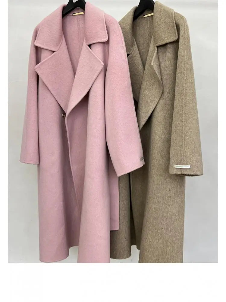 Handmade Office Lady Double-Breasted Woolen Alpaca Jackets 2024 Autumn And Winter Lace Up Loose Long Women's Wool Coats