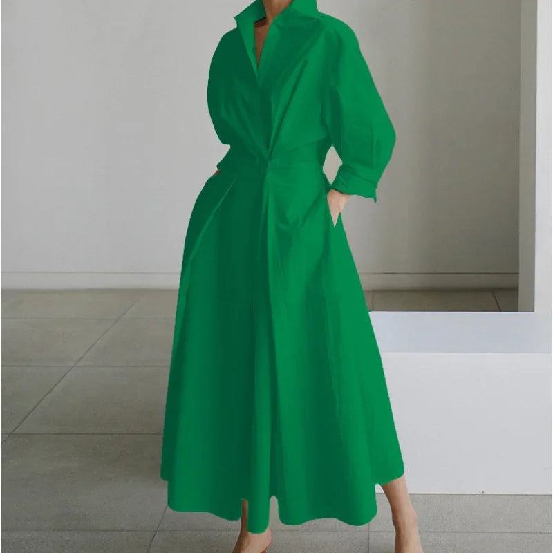 Fashionable Large Size Polo Collar Nine Sleeve Loose A- Line Dress Commute Elegant Swing Skirt Chinese Style Women's Dress