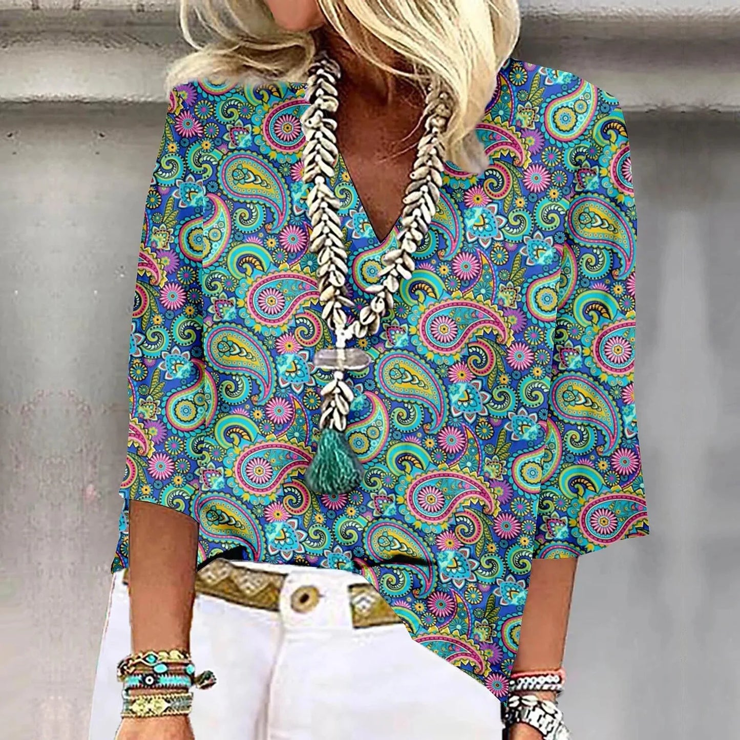 Women's Shirt Blouse Loose Shirts 3/4 Sleeve Print V Neck Tops Print Tops T-shirts Tee Tops for Women Womens Tops and Blouses