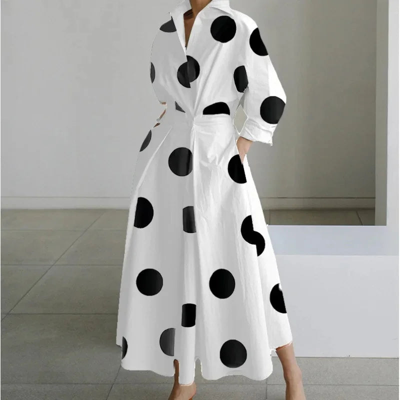 Fashionable Large Size Polo Collar Nine Sleeve Loose A- Line Dress Commute Elegant Swing Skirt Chinese Style Women's Dress
