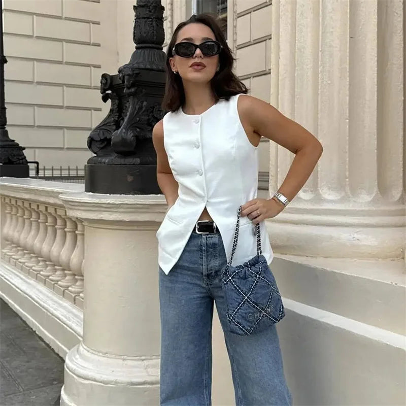 White Sleeveless Vest Women Button Summer Vests for Women Jackets Pink Vest Top Women Streetwear Women's Tailored Vest