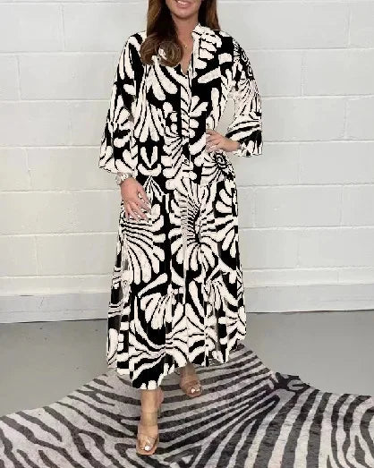 Spring Summer Hot Sale Of The Season Casual Ladies Print Loose Fit V-neck Knee-length Dress Wide Sleeve Women's Fashion Cross-bo