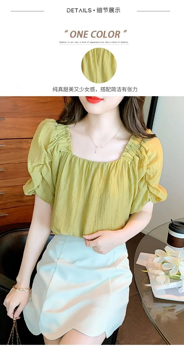 Retro Ruffle French Bubble Sleeve Chiffon Blouse Women Off-Shoulder Sweet Fresh Shirt