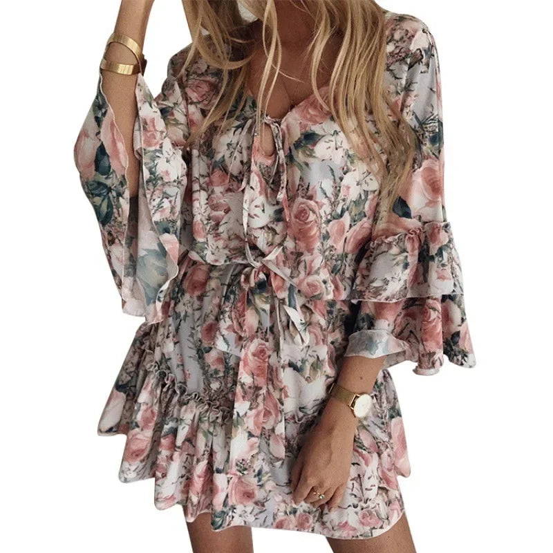 Elegant Chiffon Pink Mini Dress For Women Autumn Printing Slimming Cotton Pullover Mid Waist European And American Style