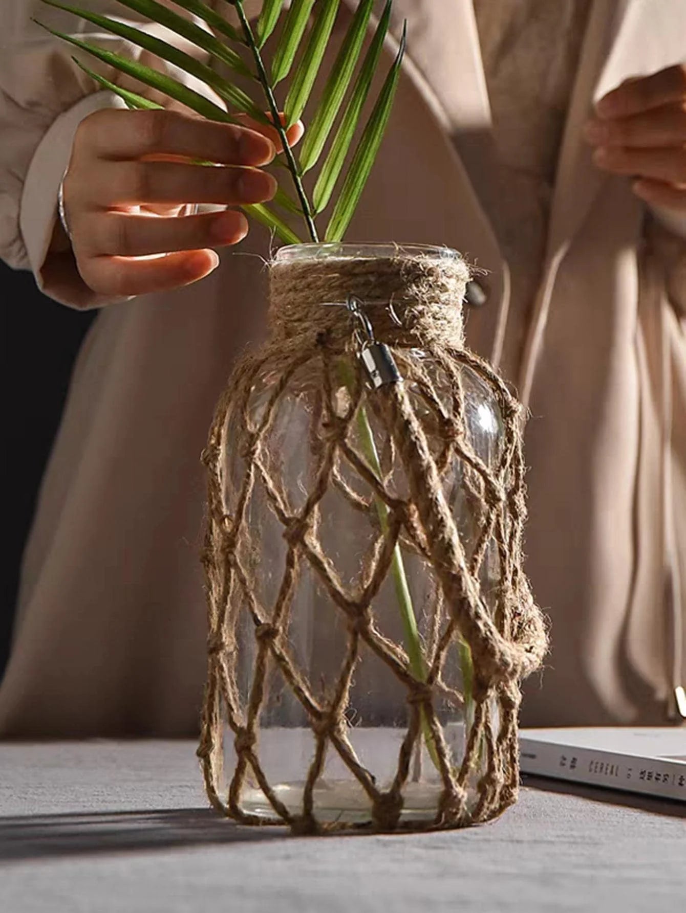 Hand Woven Hemp Rope Glass Vase โ Boho Home Accessories for Modern Living Room Decor