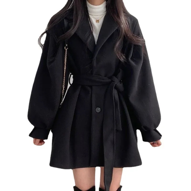 Retro Hong Kong Style Autumn Winter Thick Woolen Coat Belted Waist Lantern Sleeve Tie Design Women's Fashion Outerwear