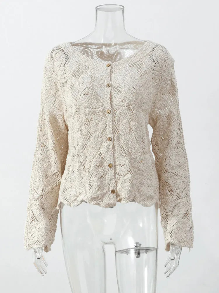 Elegant Beige Casual Hollow Out Shirts Women's Vintage Hook Floral Lace Long Sleeve Button Blouse French Tops Blouses Clothes