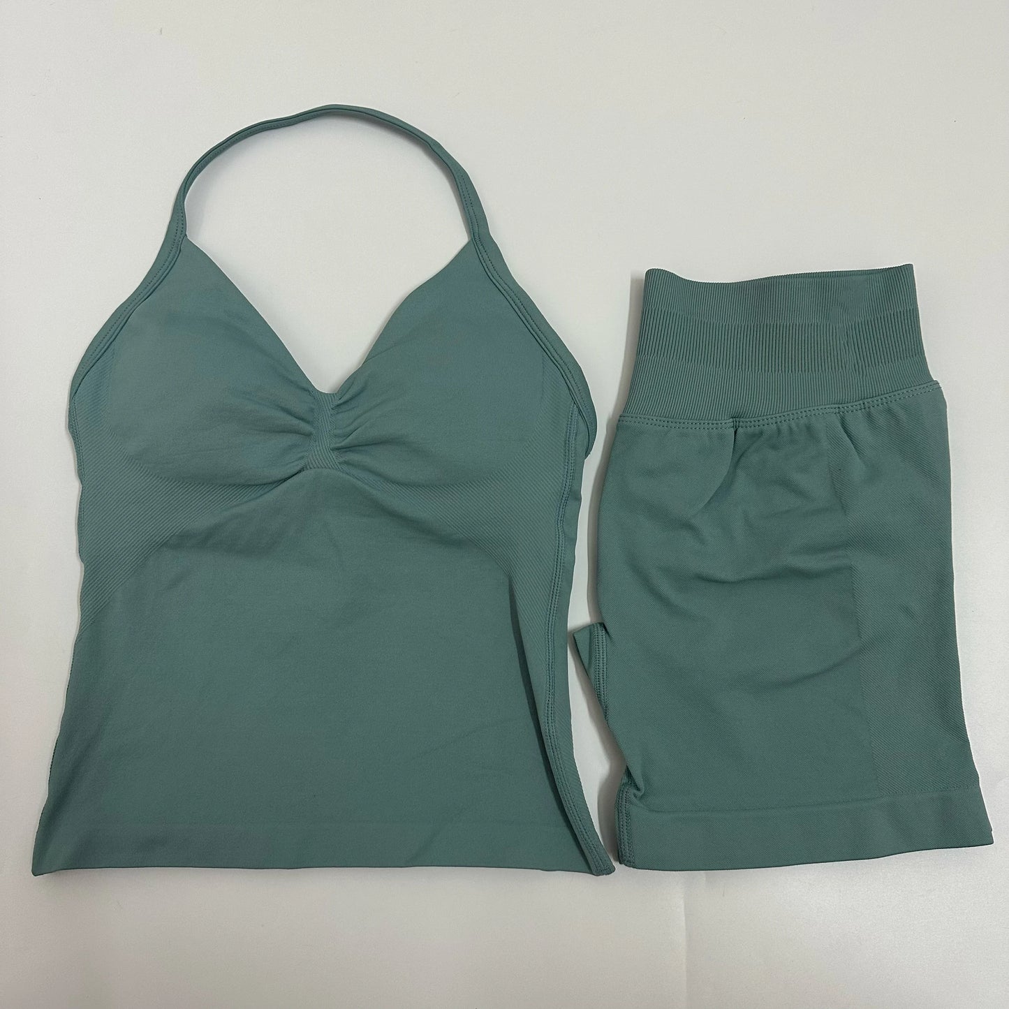 2 Pieces Women Yoga Set Seamless Yoga Longline Strappy Tank Top Scrunch Sports Shorts Gym Clothes Woman Summer Workout Outfit