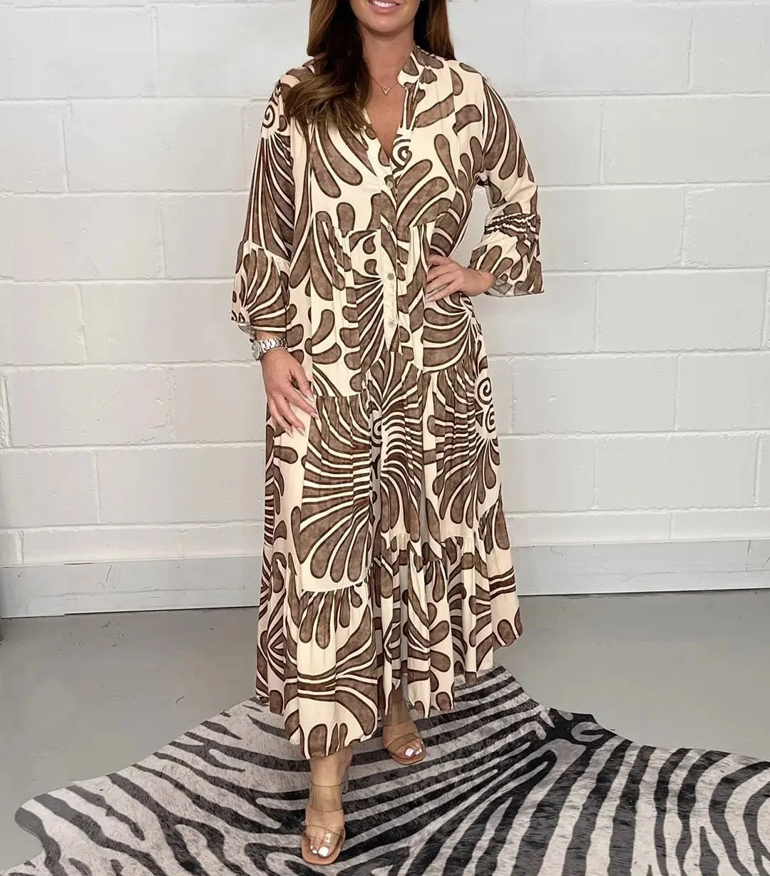 Spring Summer Hot Sale Of The Season Casual Ladies Print Loose Fit V-neck Knee-length Dress Wide Sleeve Women's Fashion Cross-bo