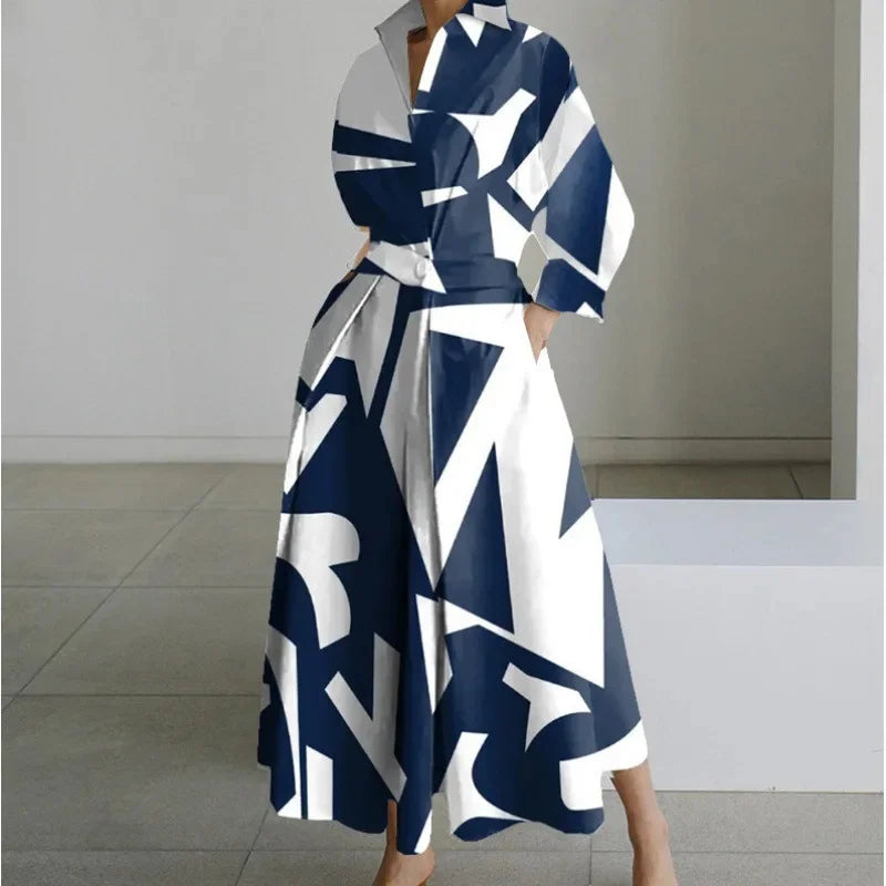 Fashionable Large Size Polo Collar Nine Sleeve Loose A- Line Dress Commute Elegant Swing Skirt Chinese Style Women's Dress