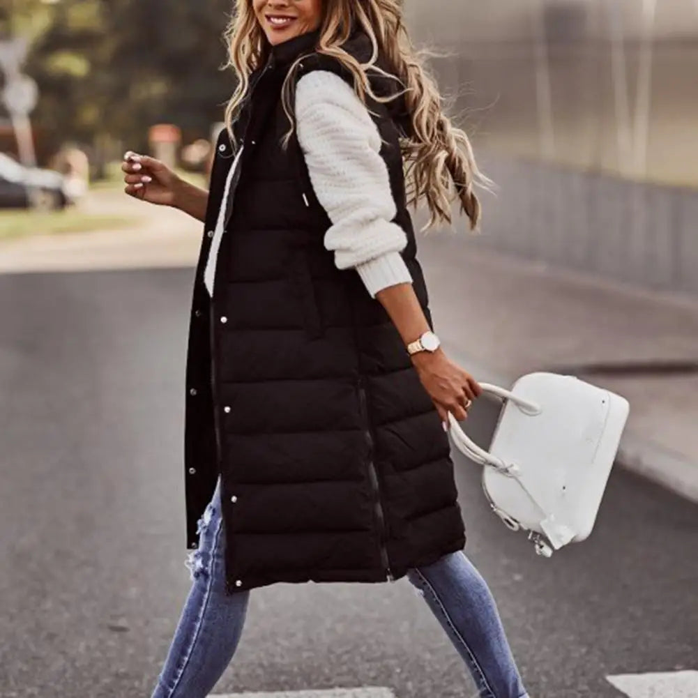 Women Winter Vest Coat Padded Solid Color Sleeveless Hooded Mid Length Slim Fit Zipper Hem Pockets Lady Long Winter Waistcoat
