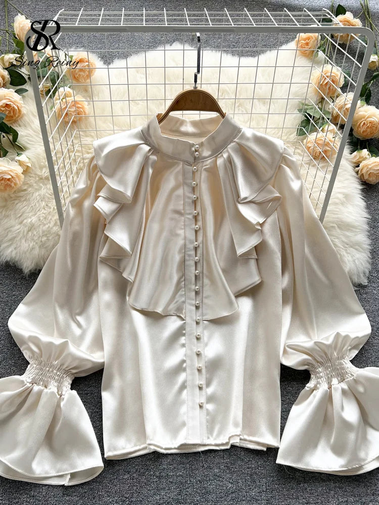 SINGREINY High Quality Satin Loose Shirt Long Flared Sleeves Ruffles O Neck Beading Women Gentle Office Lady Casual Blouse