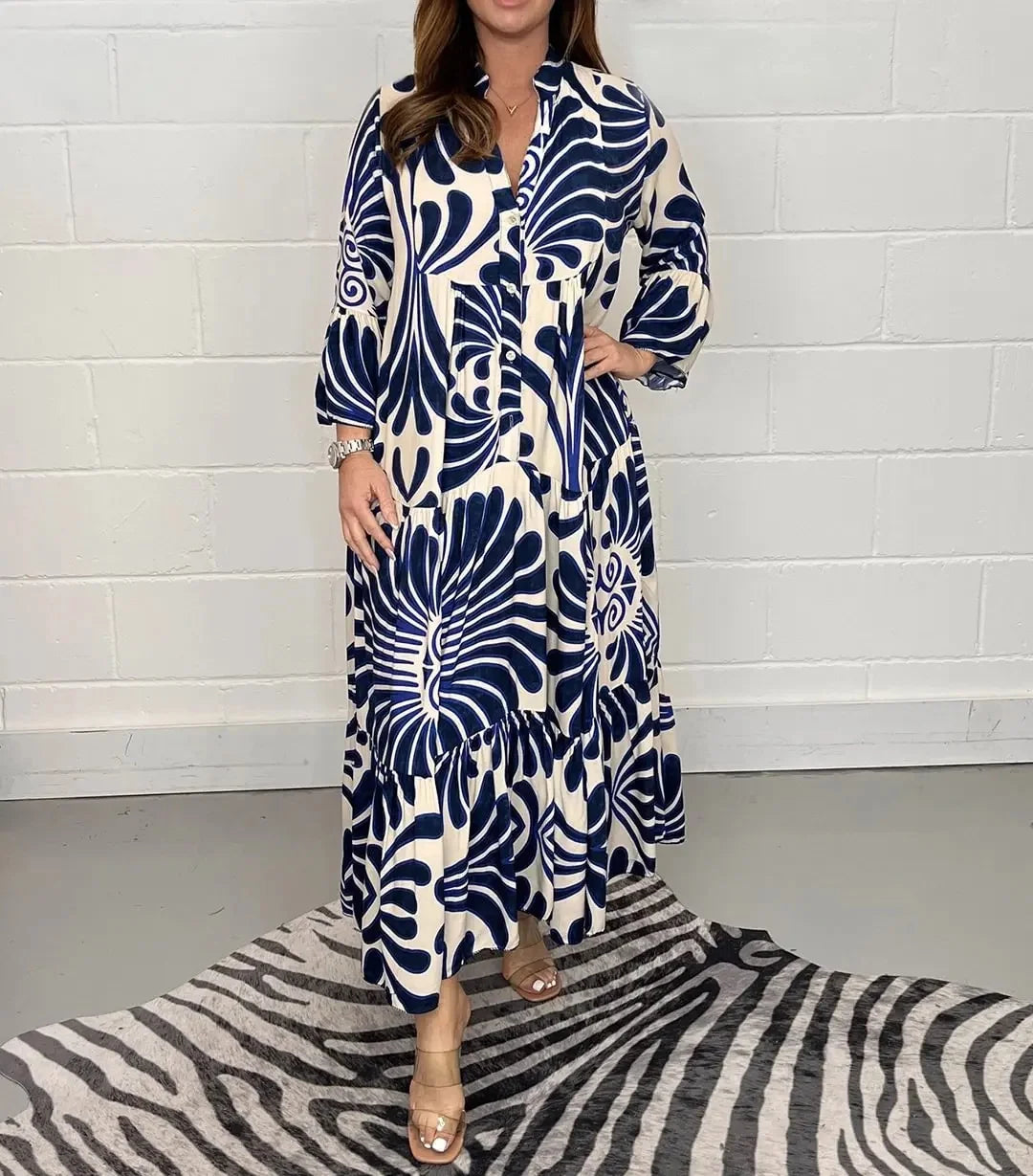 Spring Summer Hot Sale Of The Season Casual Ladies Print Loose Fit V-neck Knee-length Dress Wide Sleeve Women's Fashion Cross-bo