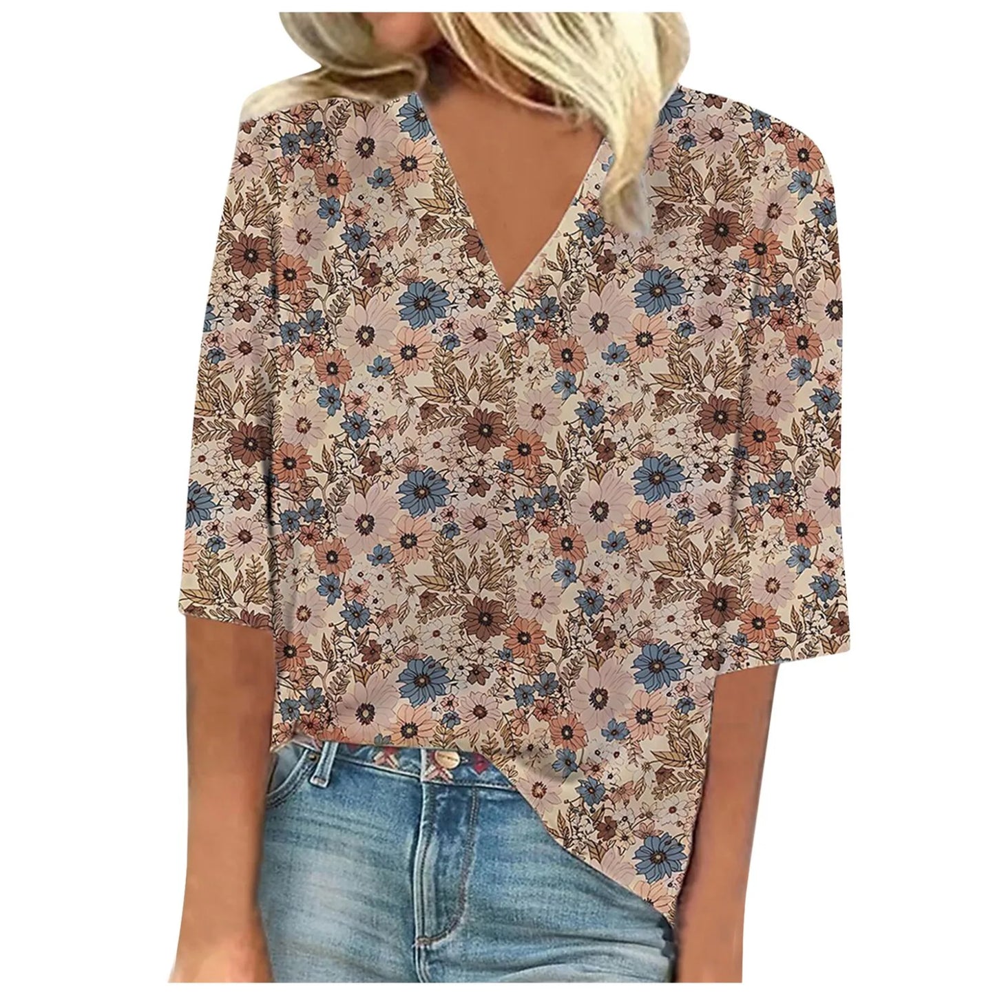 Women's Shirt Blouse Loose Shirts 3/4 Sleeve Print V Neck Tops Print Tops T-shirts Tee Tops for Women Womens Tops and Blouses