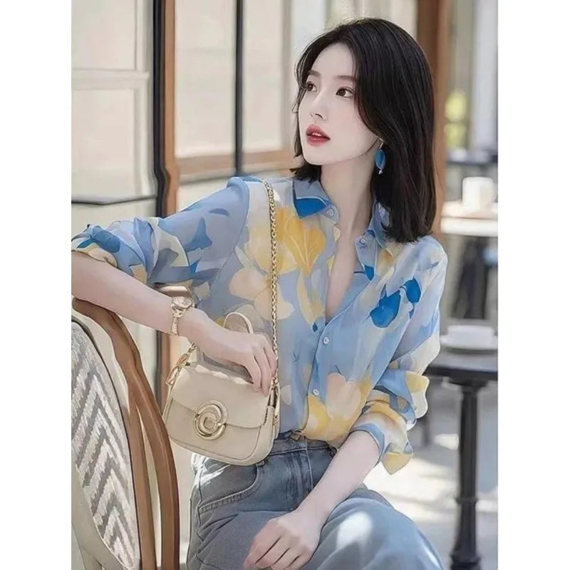 Spring and summer fashion casual printed shirt for women, long-sleeved stylish and versatile loose ladies' top