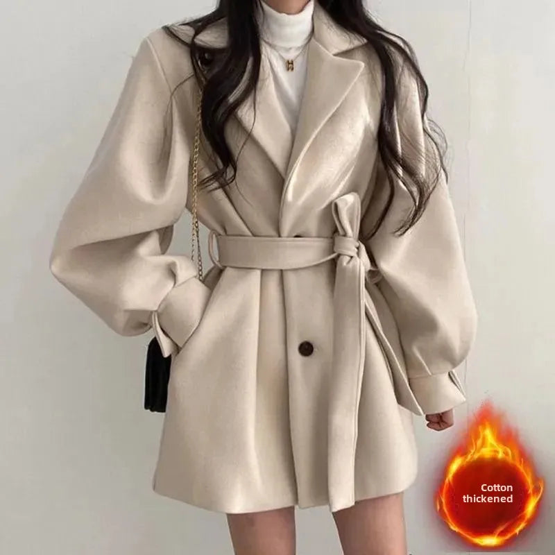 Retro Hong Kong Style Autumn Winter Thick Woolen Coat Belted Waist Lantern Sleeve Tie Design Women's Fashion Outerwear