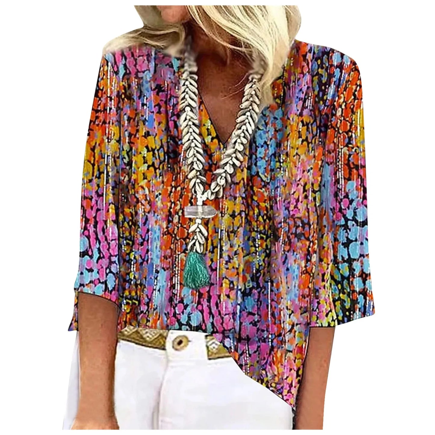 Women's Shirt Blouse Loose Shirts 3/4 Sleeve Print V Neck Tops Print Tops T-shirts Tee Tops for Women Womens Tops and Blouses
