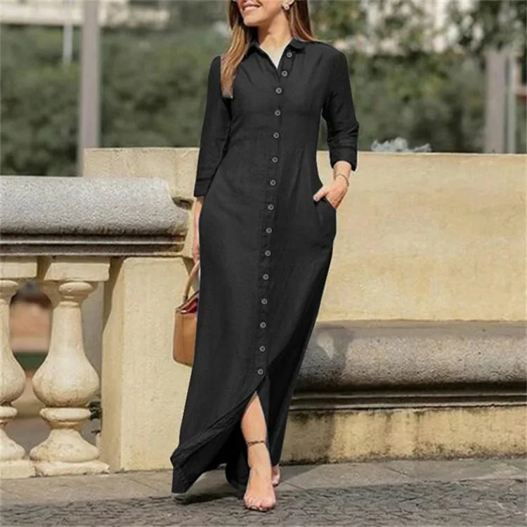New Cross-Border Long Dress Shirt Collar-Pocket Big Skirt Plus Size Casual Denim Dress Q327