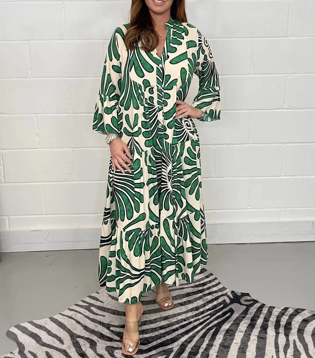Spring Summer Hot Sale Of The Season Casual Ladies Print Loose Fit V-neck Knee-length Dress Wide Sleeve Women's Fashion Cross-bo