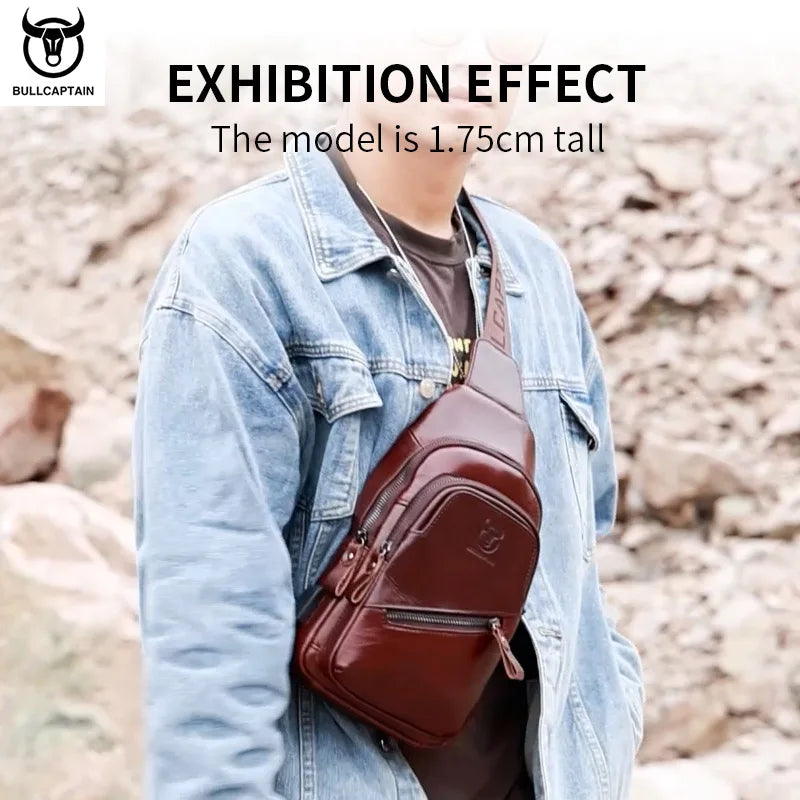 BULLCAPTAIN The Latest Men's Leather Chest Bag Large Capacity Casual Men's Messenger Bag Classic Leather Chest Bag XB 127