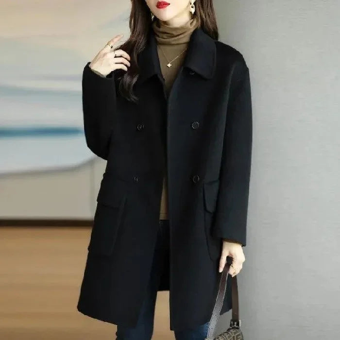 Elegant Korean Style Women's Woolen Coat Autumn Winter Thickened Medium Length Loose Outerwear for Short Women