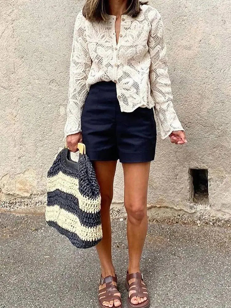 Elegant Beige Casual Hollow Out Shirts Women's Vintage Hook Floral Lace Long Sleeve Button Blouse French Tops Blouses Clothes