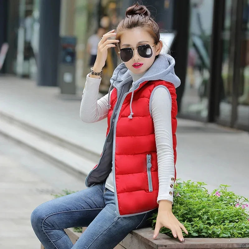 New Autumn Women Vest Winter Puffer Parkas Coat Casual Pocket Hooded Waistcoat Female Sleeveless Jacket Lightweight Outerwear
