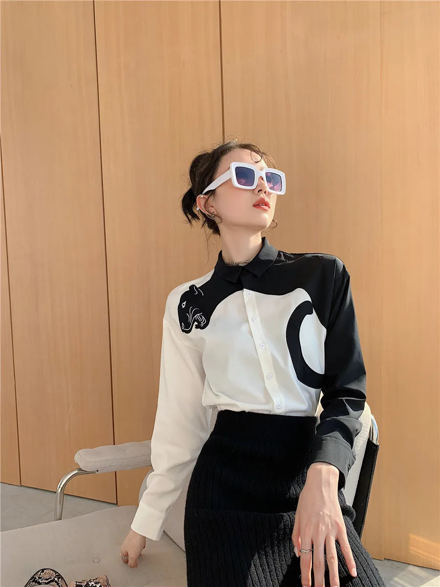 CHEERART Leopard Embroidered Long Sleeve Shirts And Blouses Women White Button Up Fall | Designer Clothes Tops Fashion