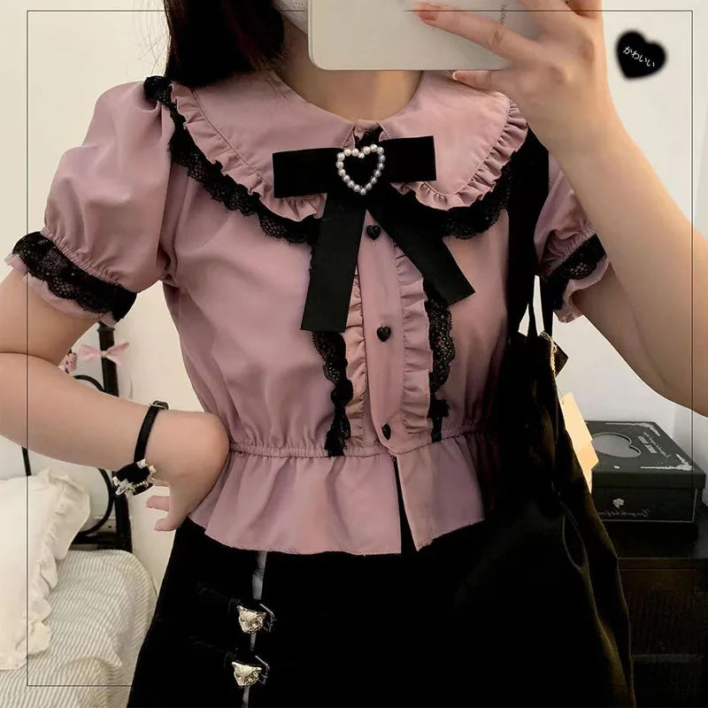 Kawaii Women Shirts Lolita Y2K Cute Japanese Style Blouse Elegant Long Sleeve Sweet Lace Off-Shoulder Aesthetic Shirt Tops