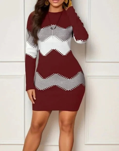 Women's Mid-Length Short Dress round Neck Long Sleeve Printed Knitted Wrap Body Dress Fashionable Chinese Style Clothing
