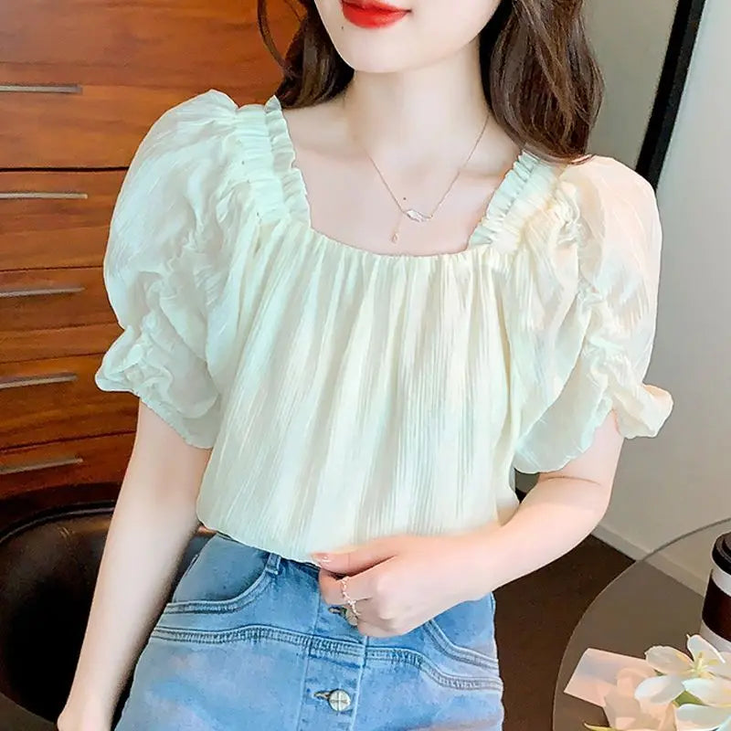 Retro Ruffle French Bubble Sleeve Chiffon Blouse Women Off-Shoulder Sweet Fresh Shirt