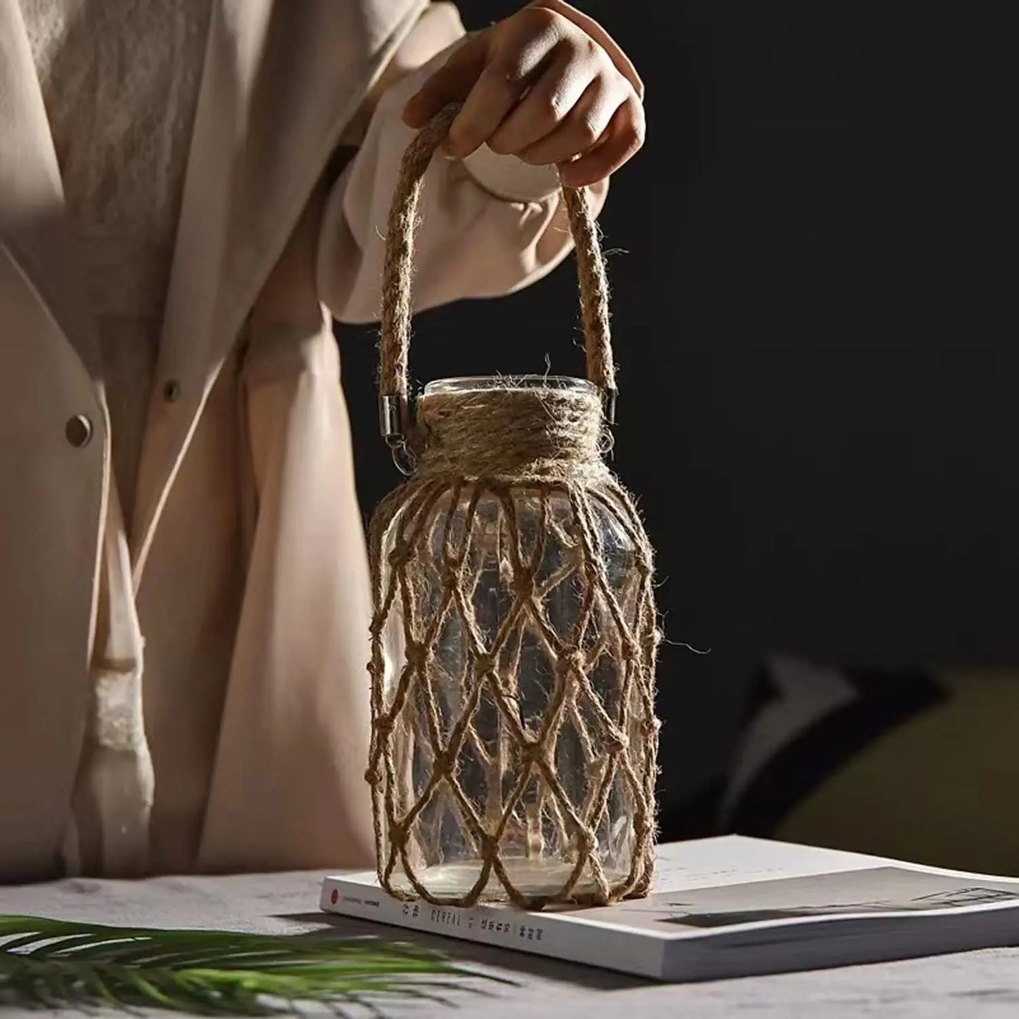 Hand Woven Hemp Rope Glass Vase โ Boho Home Accessories for Modern Living Room Decor