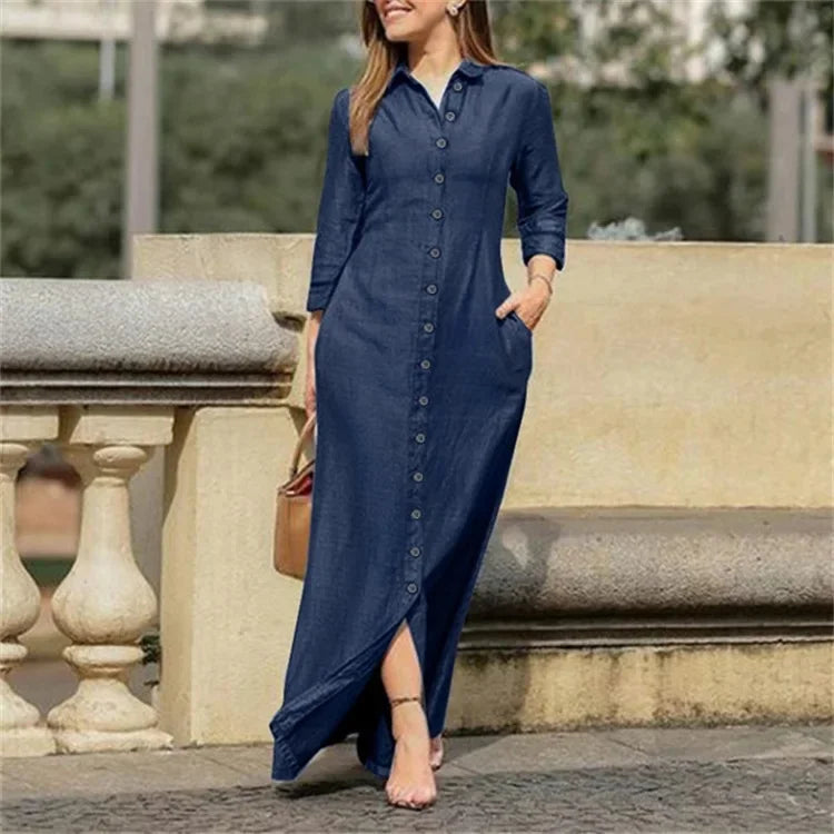 New Cross-Border Long Dress Shirt Collar-Pocket Big Skirt Plus Size Casual Denim Dress Q327